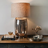 Oversized Mercury Glass Barrel Table Lamp with Linen Shade