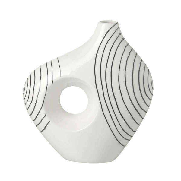 Sculptural Round White Ceramic Vase with Linear Pattern