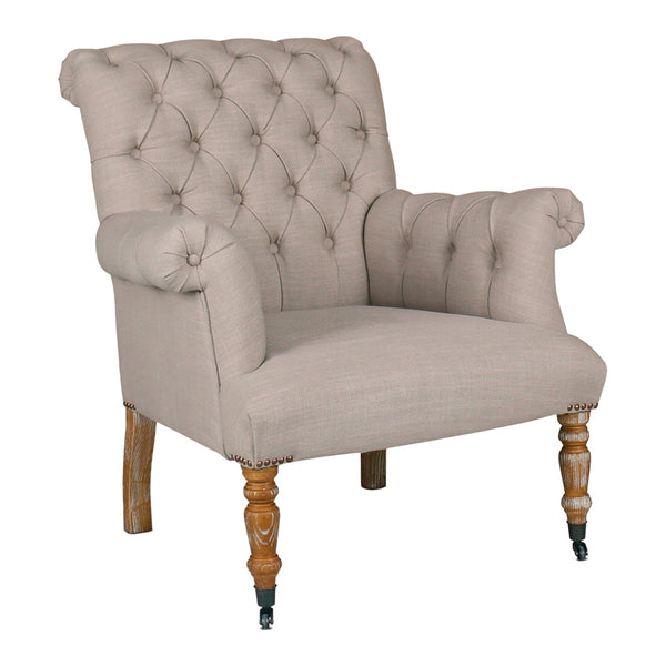 Linen Upright Button Back Occasional Arm Chair with Oak Legs