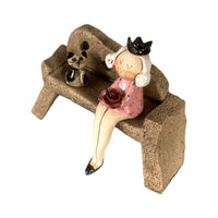 Sweet Enchanted Princess in Pink Dress with Black Patches Cat Sitting on Bench by Anka Christof