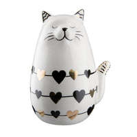 Cute White Ceramic Cat with Black & Gold Hearts