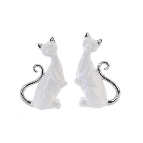 White Ceramic Cats with Chrome Ears & Tails